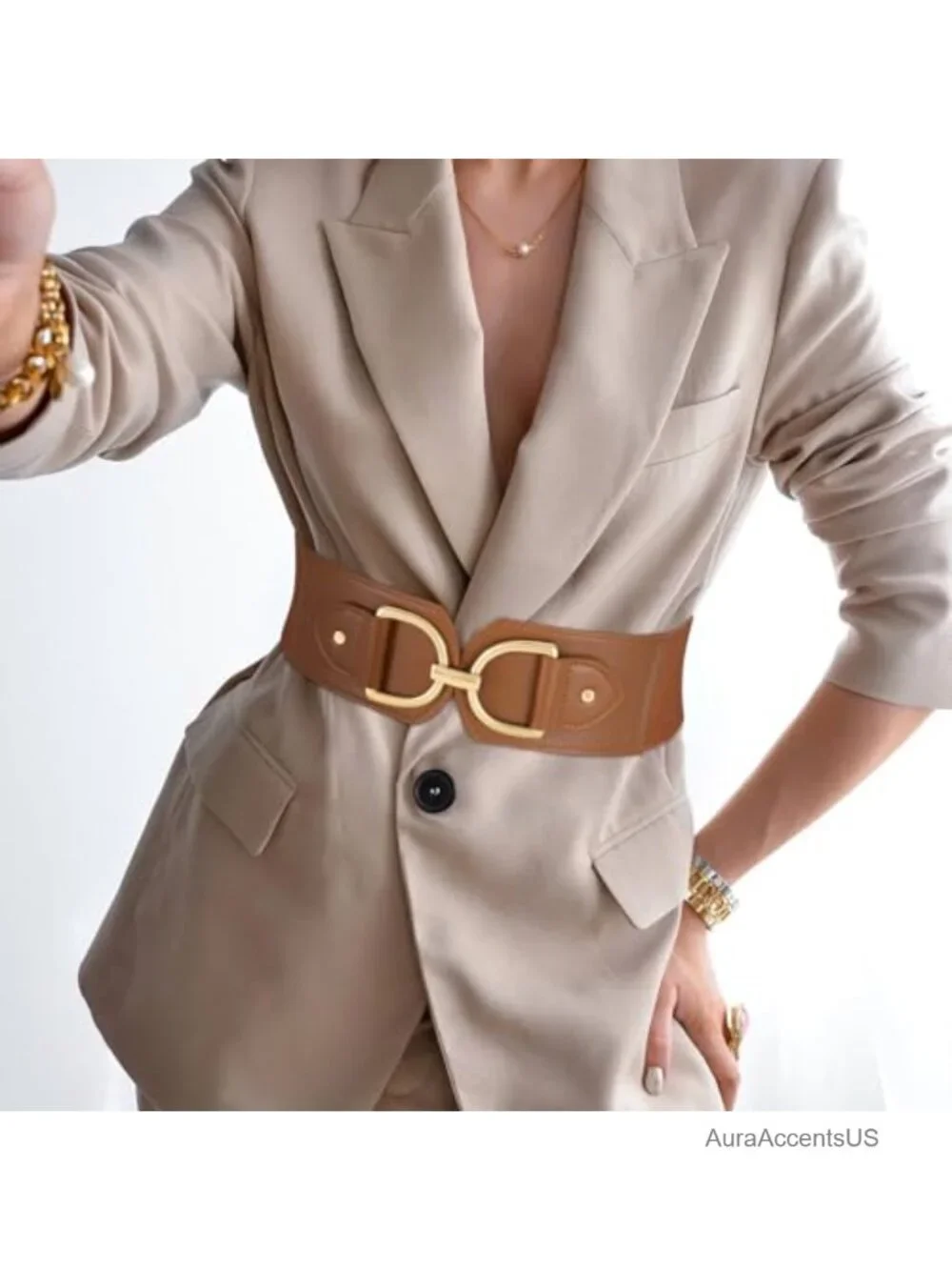 Faux Leather Wide Elastic Belt with Gold Buckle for Dresses